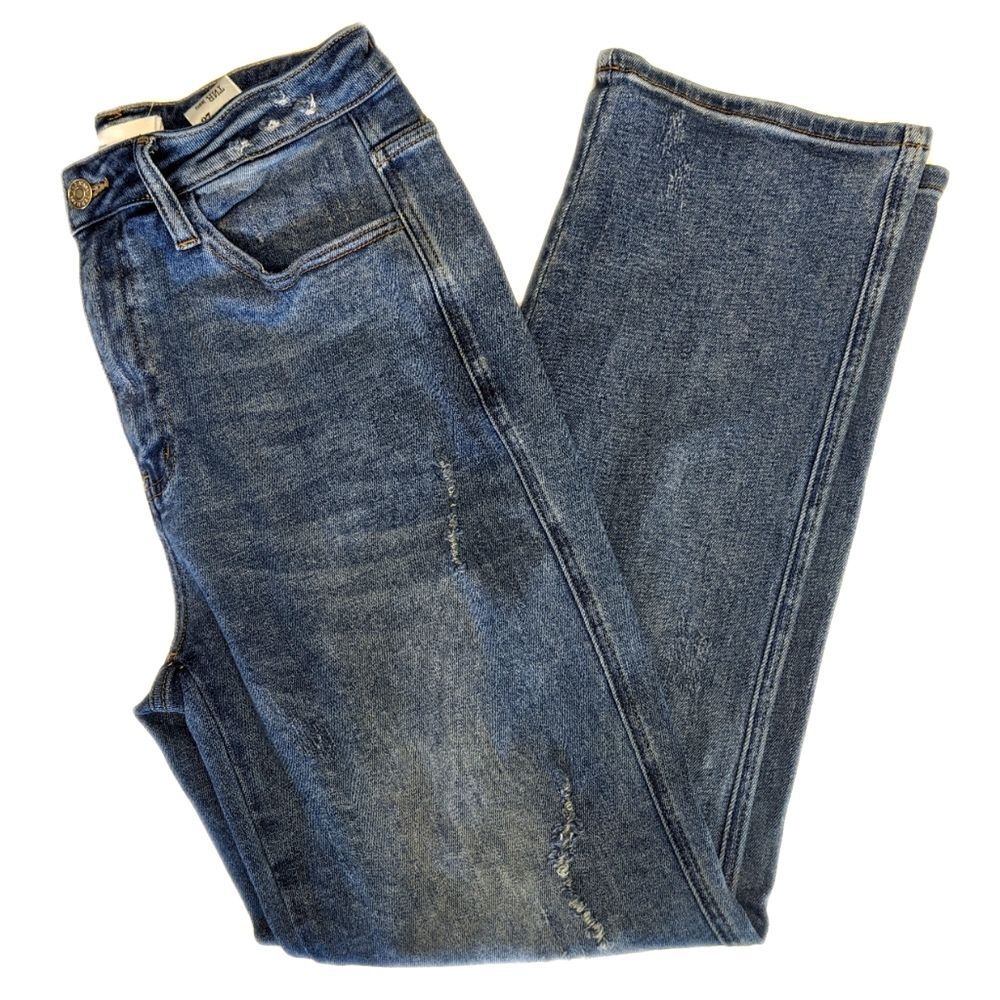 TNR medium blue wash high rise slightly distressed straight leg ankle jeans 28